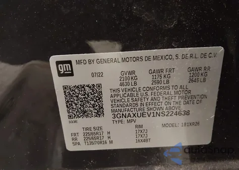 2022 Chevrolet Equinox Awd Lt из США, поврежденный, VIN 3GNAXUEV1NS224638